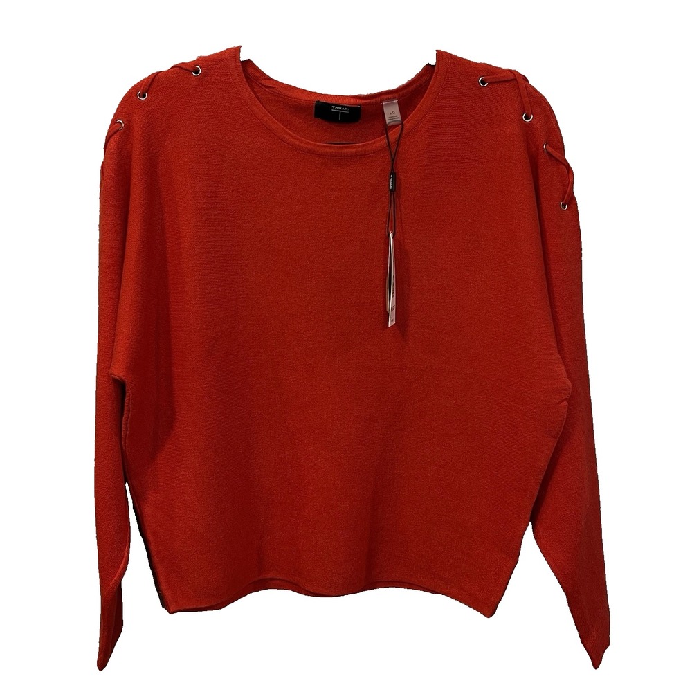 Tahari Women's L Red Knit Crew Neck Dolman Sleeve Pullover Blouse Sweater
